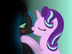 Size: 1440x1080 | Tagged: safe, artist:manerg, derpibooru exclusive, imported from derpibooru, queen chrysalis, starlight glimmer, changeling, unicorn, blushing, crack shipping, eyes closed, female, glimmerlis, kissing, lesbian, mare, shipping, show accurate