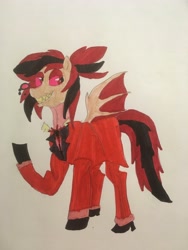 Size: 3024x4032 | Tagged: safe, artist:carlos324, imported from derpibooru, oc, oc:carlos, oc:lightning burn, oc:lost storyteller, bat pony, deer, deer pony, demon, demon pony, pegasus, pony, wendigo, alastor, bat wings, deer demon, demon wings, hazbin hotel, marker drawing, my little pony, ponified, radio demon, traditional art, wendigo pony, wings