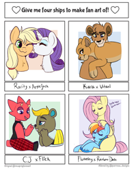 Size: 1000x1294 | Tagged: safe, artist:lulubell, imported from derpibooru, applejack, fluttershy, rainbow dash, rarity, animal crossing, cj, crossover, female, flick, flutterdash, four ships fanart, kiara, lesbian, pale belly, rarijack, shipping, the lion king, vitani