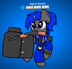 Size: 1172x1134 | Tagged: safe, artist:two2sleepy, imported from derpibooru, oc, oc only, oc:dream vezpyre, oc:dream², pony, unicorn, ak-47, assault rifle, gun, health bars, ponytail, rifle, shield, solo, the division, tom clancy, tom clancy's the division, video game, weapon