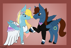 Size: 2167x1453 | Tagged: safe, artist:misskanabelle, imported from derpibooru, oc, oc only, pegasus, pony, abstract background, clothes, dress, female, holding hooves, male, mare, oc x oc, pegasus oc, shipping, signature, stallion, straight, suit, wedding dress, wings