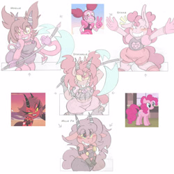 Size: 2500x2500 | Tagged: safe, artist:blackbewhite2k7, imported from derpibooru, millie, pinkie pie, oc, oc:millie pie, oc:minellie, oc:spinkamillie, oc:spinkie, anthro, demon, demon pony, earth pony, gem pony, hybrid, imp, pony, blushing, colored sketch, fusion, fusion diagram, fusion:millie knolastname, fusion:pinkie pie, fusion:spinel, gem, gem demon, gem demon pony, grin, heart eyes, helluva boss, high res, millie (helluva boss), millie knolastname, one eye closed, pinel, scythe, smiling, spinel, spinel (steven universe), steven universe, steven universe: the movie, wingding eyes, wink