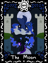 Size: 714x945 | Tagged: safe, artist:misskanabelle, imported from derpibooru, nightmare moon, princess luna, alicorn, pony, duality, ethereal mane, female, full moon, helmet, horn, mare, moon, peytral, reflection, signature, starry mane, tarot card, wings