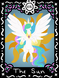 Size: 714x945 | Tagged: safe, artist:misskanabelle, imported from derpibooru, princess celestia, alicorn, pony, cutie mark background, eyes closed, female, hoof shoes, horn, mare, peytral, rearing, signature, solo, spread wings, sun, wings