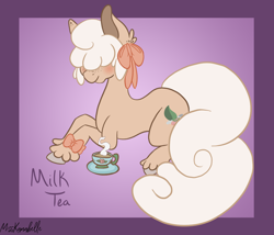 Size: 1750x1500 | Tagged: safe, artist:misskanabelle, imported from derpibooru, oc, oc only, oc:milk tea, earth pony, pony, abstract background, cup, earth pony oc, female, hair over eyes, lying down, mare, prone, signature, teacup, unshorn fetlocks