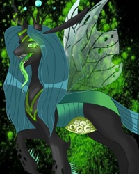 Size: 768x960 | Tagged: safe, artist:_goddesskatie_, imported from derpibooru, queen chrysalis, changeling, changeling queen, crown, egg, eyelashes, fangs, female, internal, jewelry, open mouth, pregnant, raised hoof, regalia, solo, tongue out
