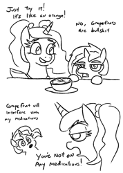 Size: 705x988 | Tagged: safe, artist:jargon scott, imported from derpibooru, oc, oc only, oc:dyxkrieg, oc:syx, alicorn, pony, alicorn oc, black and white, duo, female, filly, food, grapefruit, grayscale, horn, magical lesbian spawn, monochrome, offspring, parent:oc:dyx, parent:oc:luftkrieg, parent:oc:nyx, parents:nyxdyx, parents:oc x oc, product of incest, simple background, sketch, white background, wingding eyes, wings