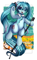Size: 2187x3509 | Tagged: safe, artist:pridark, imported from derpibooru, kotobukiya, earth pony, pony, anime, female, frog (hoof), hatsune miku, high res, kotobukiya hatsune miku pony, looking at you, mare, microphone, open mouth, ponified, simple background, smiling, smiling at you, solo, that was fast, transparent background, underhoof, vocaloid