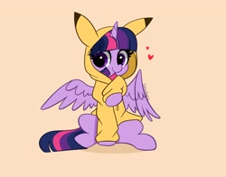 Size: 4096x3210 | Tagged: safe, artist:kittyrosie, imported from derpibooru, twilight sparkle, alicorn, pikachu, pony, blushing, clothes, cosplay, costume, cute, floating heart, heart, high res, hoodie, kigurumi, pokémon, solo, starry eyes, twiabetes, twilight sparkle (alicorn), wingding eyes