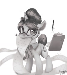 Size: 1024x1144 | Tagged: safe, artist:sketchiix3, imported from derpibooru, raven, pony, unicorn, checklist, clipboard, fountain pen, glasses, grayscale, hair bun, looking at you, monochrome, necktie, scroll, secretary, simple background, white background
