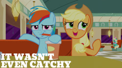 Size: 1280x720 | Tagged: safe, edit, edited screencap, editor:quoterific, imported from derpibooru, screencap, applejack, honey curls, mare e. lynn, rainbow dash, earth pony, pegasus, pony, season 6, the saddle row review, applejack's hat, cowboy hat, drinking, drinking straw, duo focus, female, hat, mare, open mouth