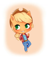 Size: 1296x1579 | Tagged: safe, artist:misssqueorge, imported from derpibooru, part of a set, applejack, anthro, earth pony, ambiguous facial structure, applejack's hat, chibi, clothes, colored pupils, cowboy hat, cute, grin, hat, jackabetes, jeans, pants, shirt, signature, simple background, smiling, solo