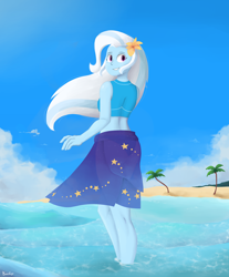 Size: 1698x2048 | Tagged: safe, artist:biocrine, imported from derpibooru, trixie, equestria girls, beach, clothes, female, looking back, palm tree, scenery, solo, swimsuit, tree, water, windswept hair