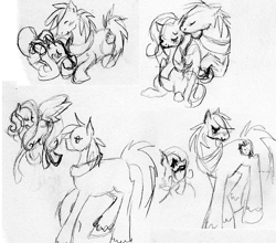 Size: 656x576 | Tagged: safe, artist:supah-panda, imported from derpibooru, big macintosh, fluttershy, earth pony, pegasus, pony, female, fluttermac, grayscale, male, mare, monochrome, pencil drawing, shipping, size difference, sketch, sketch dump, stallion, straight, traditional art