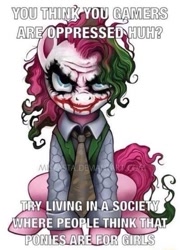 Size: 553x767 | Tagged: safe, artist:miszasta, imported from derpibooru, pinkie pie, earth pony, pony, bronies rise up, caption, female, image macro, mare, simple background, solo, text, the joker, we live in a society, white background