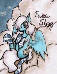 Size: 472x608 | Tagged: safe, artist:supah-panda, imported from derpibooru, oc, oc only, oc:snowshoe, pegasus, pony, clothes, cloud, female, lying down, lying on a cloud, mare, on a cloud, socks, solo, traditional art