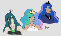 Size: 2176x1311 | Tagged: safe, artist:dancingmylifeaway, imported from derpibooru, princess celestia, princess luna, queen chrysalis, human, black lipstick, crown, humanized, jewelry, lipstick, no shading, regalia, simple background