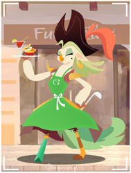 Size: 1548x2048 | Tagged: safe, artist:bonfirepng, imported from derpibooru, captain celaeno, anthro, griffon, my little pony: the movie, apron, chopsticks, clothes, cocktail, ear piercing, earring, food, hat, jewelry, lime, lineless, noodles, piercing, pirate hat, ramen, solo