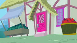 Size: 1280x720 | Tagged: safe, imported from derpibooru, screencap, bridle gossip, season 1, apple, background, food, no pony, ponyville, scenic ponyville, watermelon