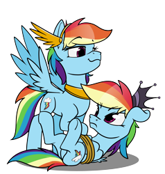 Size: 4560x4800 | Tagged: safe, artist:dacaoo, imported from derpibooru, queen chrysalis, rainbow dash, oc, oc:athena (shawn keller), oc:lustrous, oc:lustrous (shawn keller), pegasus, pony, bondage, clothes, cosplay, costume, crown, disguise, disguised changeling, double rainbow, duality, floppy ears, frown, guardians of pondonia, jewelry, necklace, rainbond dash, regalia, rope, rope bondage, self ponidox, simple background, smiling, smug, spread wings, tied up, transparent background, underhoof, wings