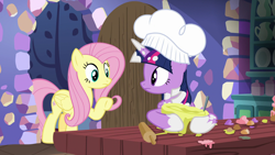 Size: 1920x1080 | Tagged: safe, imported from derpibooru, screencap, fluttershy, twilight sparkle, alicorn, pegasus, pony, a health of information, season 7, chef's hat, duo, duo female, female, hat, mare, messy mane, pointing, twilight sparkle (alicorn)