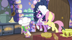 Size: 1920x1080 | Tagged: safe, imported from derpibooru, screencap, fluttershy, spike, twilight sparkle, alicorn, dragon, pegasus, pony, a health of information, season 7, apron, butt, butt pushing, butt touch, chef's hat, clothes, female, food, hat, hoof on butt, male, mare, messy mane, muffin, naked apron, open mouth, oven mitts, plot, pushing, shocked, trio, twilight sparkle (alicorn), twilight's castle