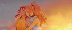 Size: 1656x700 | Tagged: safe, alternate version, artist:stummm, imported from derpibooru, adagio dazzle, sunset shimmer, equestria girls, bare shoulders, blushing, breasts, busty sunset shimmer, female, from behind, hand on chin, lesbian, ponytail, seductive, shipping, sleeveless, sunsagio, sunset, teasing