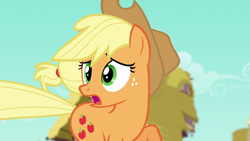 Size: 1920x1080 | Tagged: safe, imported from derpibooru, screencap, applejack, earth pony, pony, season 6, the saddle row review, applejack's hat, cowboy hat, female, hat, mare, open mouth, running, solo, stetson