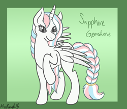 Size: 1750x1500 | Tagged: safe, artist:misskanabelle, imported from derpibooru, oc, oc only, oc:sapphire gemstone, alicorn, pony, abstract background, alicorn oc, braided tail, horn, raised tail, signature, solo, tail, wings