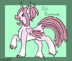 Size: 1750x1500 | Tagged: safe, artist:misskanabelle, imported from derpibooru, oc, oc only, oc:pink promenade, classical hippogriff, hippogriff, abstract background, female, magical lesbian spawn, offspring, parent:pinkie pie, parent:princess skystar, signature, solo, wings