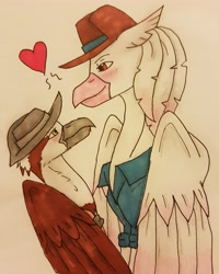 Size: 2704x3385 | Tagged: safe, artist:agdapl, imported from derpibooru, classical hippogriff, griffon, hippogriff, blushing, bust, clothes, crossover, gay, griffonized, hat, heart, high res, hippogriffied, looking at each other, male, signature, smiling, sniper, species swap, team fortress 2, traditional art