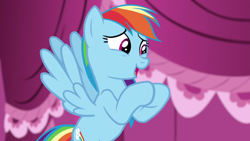 Size: 1920x1080 | Tagged: safe, imported from derpibooru, screencap, rainbow dash, pegasus, pony, the saddle row review, female, mare, open mouth, solo