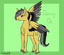 Size: 1750x1500 | Tagged: safe, artist:misskanabelle, imported from derpibooru, daring do, pegasus, pony, abstract background, chest fluff, colored hooves, ear fluff, female, mare, signature, smiling, solo, two toned wings, wings