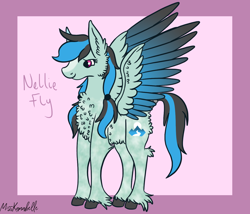 Size: 1750x1500 | Tagged: safe, artist:misskanabelle, imported from derpibooru, oc, oc only, oc:nellie fly, pegasus, pony, abstract background, chest fluff, ear fluff, female, magical lesbian spawn, mare, offspring, parent:daring do, parent:rainbow dash, parents:daringdash, pegasus oc, signature, solo, two toned wings, unshorn fetlocks, wings