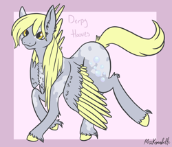 Size: 1750x1500 | Tagged: safe, artist:misskanabelle, imported from derpibooru, derpy hooves, pegasus, pony, abstract background, chest fluff, ear fluff, female, mare, signature, smiling, solo, two toned wings, unshorn fetlocks, wings