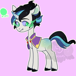 Size: 500x500 | Tagged: safe, artist:lavvythejackalope, imported from derpibooru, oc, oc only, pony, unicorn, clothes, horn, magical gay spawn, male, offspring, parent:king sombra, parent:shining armor, parents:shiningsombra, pink background, simple background, sombra eyes, stallion, unicorn oc, unshorn fetlocks