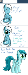 Size: 1280x3332 | Tagged: safe, artist:ask-fleetfoot, imported from derpibooru, fleetfoot, oc, oc:thistle oak, pegasus, pony, alternate hairstyle, ask-fleetfoot, blue coat, blue mane, blue tail, eyes closed, female, green eyes, mare, solo, tail, two toned mane, white mane, white tail, wings
