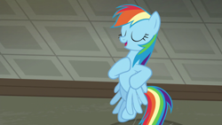 Size: 1920x1080 | Tagged: safe, imported from derpibooru, screencap, rainbow dash, pegasus, pony, season 6, the saddle row review, eyes closed, female, mare, open mouth, solo
