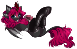 Size: 4992x3179 | Tagged: safe, alternate version, artist:airiniblock, imported from derpibooru, oc, oc only, oc:technika, kirin, winged kirin, clothes, collar, four ears, kirin oc, latex, latex socks, looking at you, lying down, on back, rcf community, socks, solo, spiked collar, thigh highs