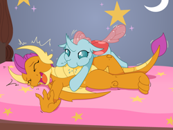 Size: 3000x2250 | Tagged: safe, artist:yipthecoyotepup, imported from derpibooru, ocellus, smolder, changedling, changeling, dragon, bed, cute, diaocelles, dragoness, duo, duo female, emanata, eyes closed, female, high res, laughing, on bed, open mouth, raspberry, smolderbetes, spittle, tickling, tongue out, tummy buzz