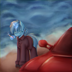 Size: 3000x3000 | Tagged: safe, alternate version, artist:menalia, imported from derpibooru, oc, oc only, oc:freezy coldres, pony, unicorn, beach, car, chromatic aberration, cigarette, clothes, female, gloves, high res, horn, magic, magic aura, mare, pants, sad, sand, shirt, smoking, solo, water