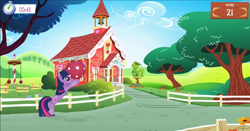 Size: 1906x996 | Tagged: safe, imported from derpibooru, twilight sparkle, pony, unicorn, app, ball, clock, game, gameloft, jumping, minigame, mobile game, ponyville schoolhouse, sparkles, stopwatch, unicorn twilight