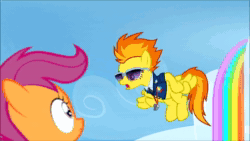 Size: 854x480 | Tagged: safe, edit, edited screencap, imported from derpibooru, screencap, sound edit, rainbow dash, scootaloo, spitfire, pegasus, pony, the washouts (episode), abuse, animated, cd-i, cloth, full body wing and hoof cast drinking through a straw, king harkinian, link, princess zelda, shaking, sound, sunglasses, the legend of zelda, uberduck.ai, webm
