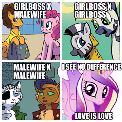 Size: 3464x3464 | Tagged: safe, edit, idw, imported from derpibooru, capper dapperpaws, cheese sandwich, chummer, marini, pinkie pie, princess cadance, zecora, abyssinian, anthro, earth pony, pony, zebra, bisexual, cheesepie, chest fluff, eye scar, eyepatch, female, gay, girlboss, high res, lesbian, love is love, male, malewife, maricora, meme, mouthpiece, ponified meme, scar, season 10, shipping, straight