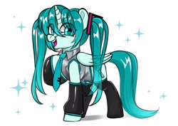 Size: 3507x2481 | Tagged: safe, artist:techycutie, imported from derpibooru, alicorn, pony, alicornified, anime, clothes, cute, detached sleeves, female, hatsune miku, high res, mare, necktie, open mouth, ponified, race swap, raised hoof, shirt, simple background, socks, solo, sparkles, stockings, thigh highs, vocaloid, white background