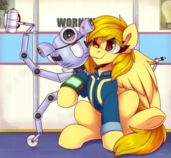 Size: 1900x1750 | Tagged: safe, artist:shadowreindeer, imported from derpibooru, oc, oc:caramel drop, pegasus, pony, robot, fallout equestria, commission, fallout, heart, mister handy, your character here