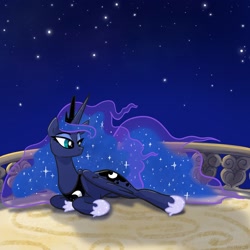 Size: 2048x2048 | Tagged: safe, artist:pfeffaroo, imported from derpibooru, princess luna, alicorn, pony, balcony, ethereal mane, female, high res, looking away, lying down, mare, night, outdoors, solo, starry mane, stars, wings