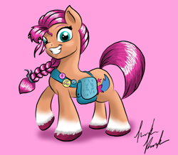 Size: 4229x3696 | Tagged: safe, artist:knicky-knack, imported from derpibooru, sunny starscout, earth pony, pony, badge, bag, braid, coat markings, female, g5, grin, high res, looking at you, mare, pink background, raised hoof, signature, simple background, smiling, socks (coat markings), solo, teeth, unshorn fetlocks