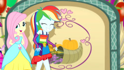 Size: 3410x1920 | Tagged: safe, imported from derpibooru, screencap, fluttershy, rainbow dash, twilight sparkle, a photo booth story, eqg summertime shorts, equestria girls, bare shoulders, belt, clothes, cute, cutie mark, cutie mark on clothes, dashabetes, eyes closed, fall formal outfits, female, grin, offscreen character, open mouth, shyabetes, sleeveless, smiling, strapless