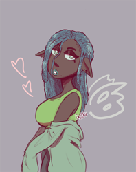 Size: 3000x3795 | Tagged: safe, artist:scribleydoodles, imported from derpibooru, queen chrysalis, human, alternate hairstyle, breasts, clothes, coat, dark skin, elf ears, eyeshadow, female, gray background, grin, heart, high res, humanized, lipstick, makeup, pants, pony coloring, simple background, smiling, solo, tanktop